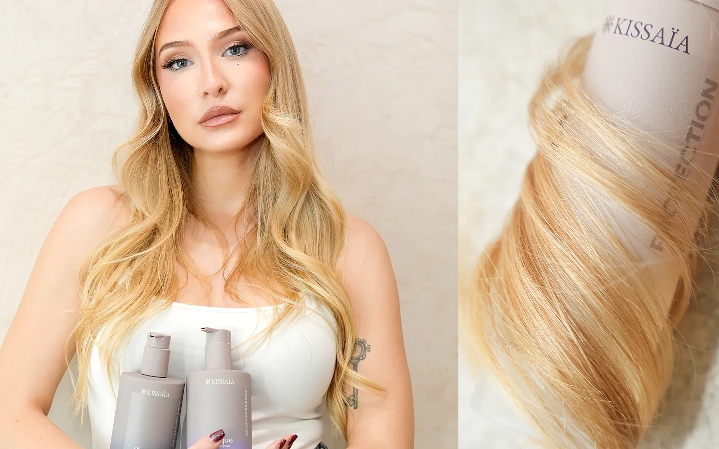 jeune femme avec des cheuveux blonds qui utilise un shampoing déjaunissant